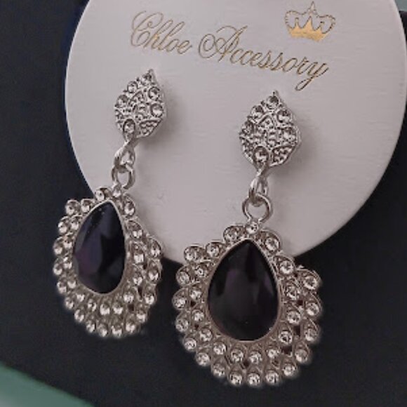 CHLOE ACCESSORY Glamorous Silver Black & Clear Crystal Pear Shaped Drop Earrings - Picture 3 of 4
